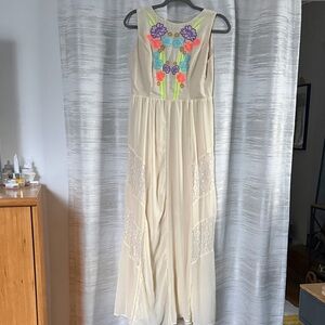 Champagne & Strawberry Embroidered Cream Maxi Dress